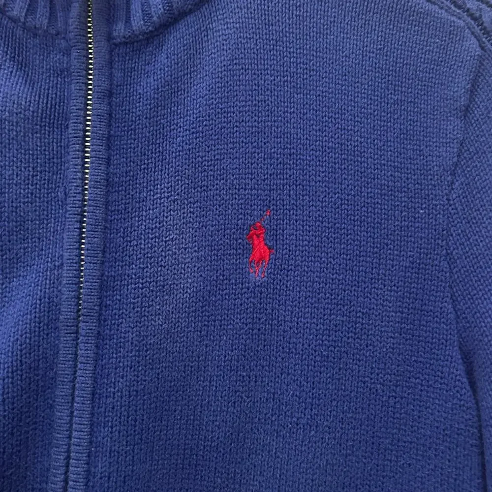 RALPH LAUREN SPORT VINTAGE 90s Blue Full Zip Knit Sweater Red Pony Size Medium - Picture 5 of 6
